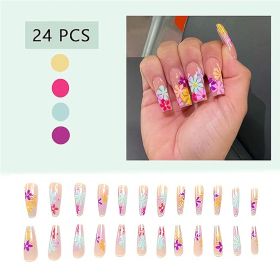 24 PCS Long Flat Flowers Nail Art, Long Length Long Water Pipe Fake Nails,Square Head Nail Tips False Nail